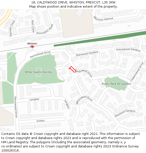18, CALDYWOOD DRIVE, WHISTON, PRESCOT, L35 3XW: Location map and indicative extent of plot