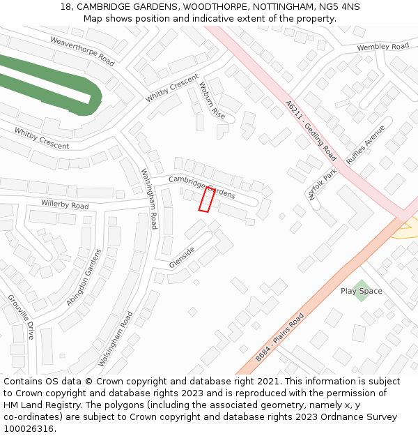 18, CAMBRIDGE GARDENS, WOODTHORPE, NOTTINGHAM, NG5 4NS: Location map and indicative extent of plot