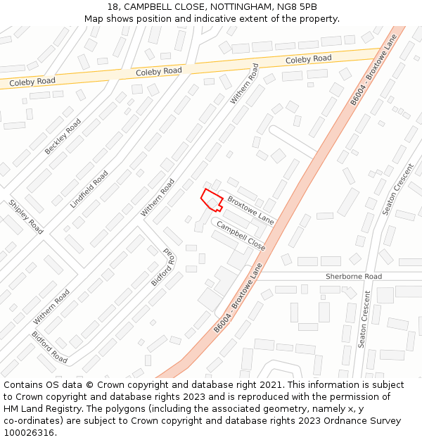 18, CAMPBELL CLOSE, NOTTINGHAM, NG8 5PB: Location map and indicative extent of plot