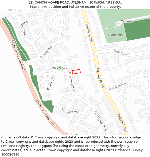 18, CANON HOARE ROAD, AYLSHAM, NORWICH, NR11 6UU: Location map and indicative extent of plot