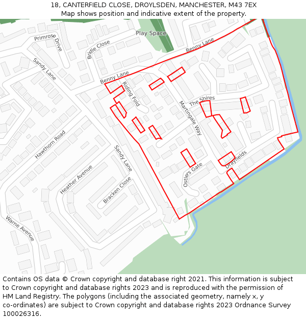 18, CANTERFIELD CLOSE, DROYLSDEN, MANCHESTER, M43 7EX: Location map and indicative extent of plot