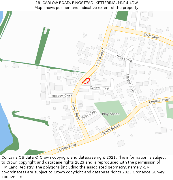 18, CARLOW ROAD, RINGSTEAD, KETTERING, NN14 4DW: Location map and indicative extent of plot