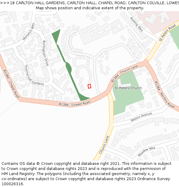 18 CARLTON HALL GARDENS, CARLTON HALL, CHAPEL ROAD, CARLTON COLVILLE, LOWESTOFT, NR33 8BL: Location map and indicative extent of plot