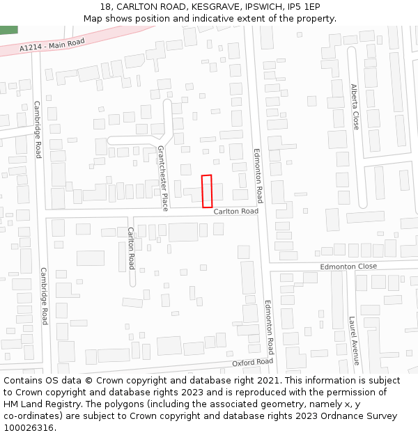 18, CARLTON ROAD, KESGRAVE, IPSWICH, IP5 1EP: Location map and indicative extent of plot