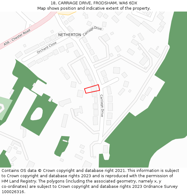 18, CARRIAGE DRIVE, FRODSHAM, WA6 6DX: Location map and indicative extent of plot