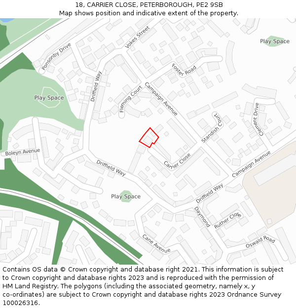 18, CARRIER CLOSE, PETERBOROUGH, PE2 9SB: Location map and indicative extent of plot