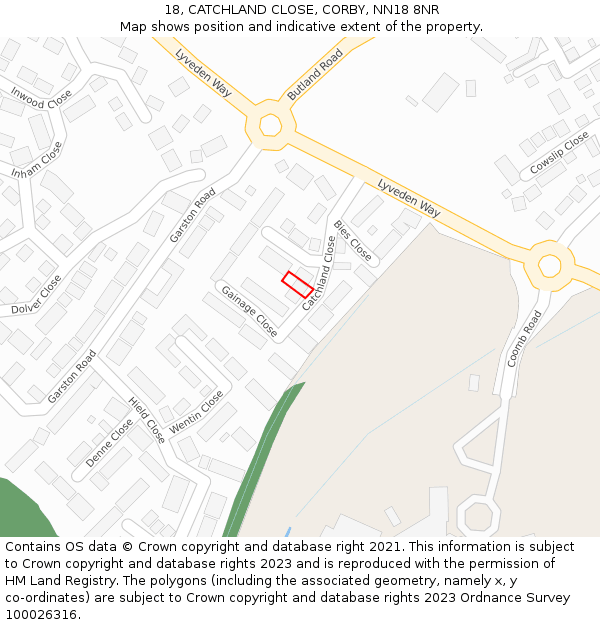 18, CATCHLAND CLOSE, CORBY, NN18 8NR: Location map and indicative extent of plot
