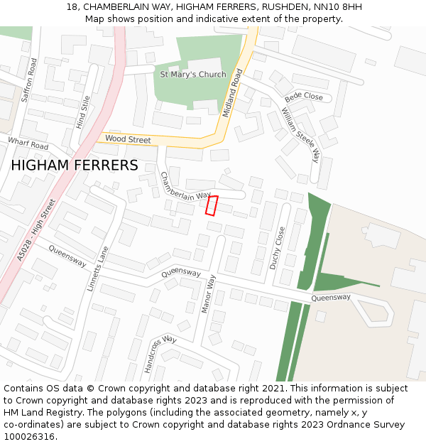 18, CHAMBERLAIN WAY, HIGHAM FERRERS, RUSHDEN, NN10 8HH: Location map and indicative extent of plot