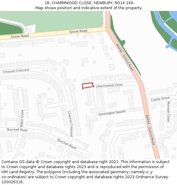 18, CHARMWOOD CLOSE, NEWBURY, RG14 1XA: Location map and indicative extent of plot