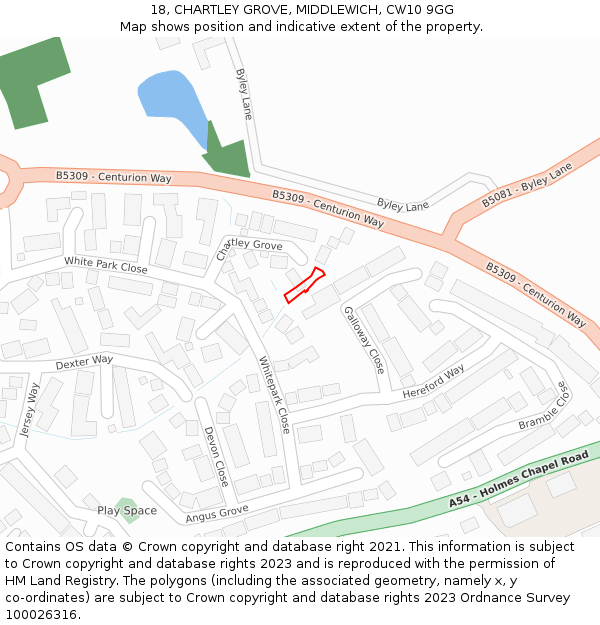 18, CHARTLEY GROVE, MIDDLEWICH, CW10 9GG: Location map and indicative extent of plot