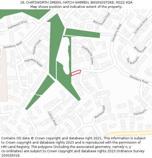 18, CHATSWORTH GREEN, HATCH WARREN, BASINGSTOKE, RG22 4QA: Location map and indicative extent of plot