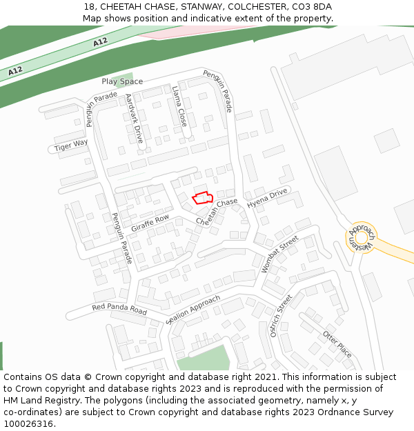 18, CHEETAH CHASE, STANWAY, COLCHESTER, CO3 8DA: Location map and indicative extent of plot