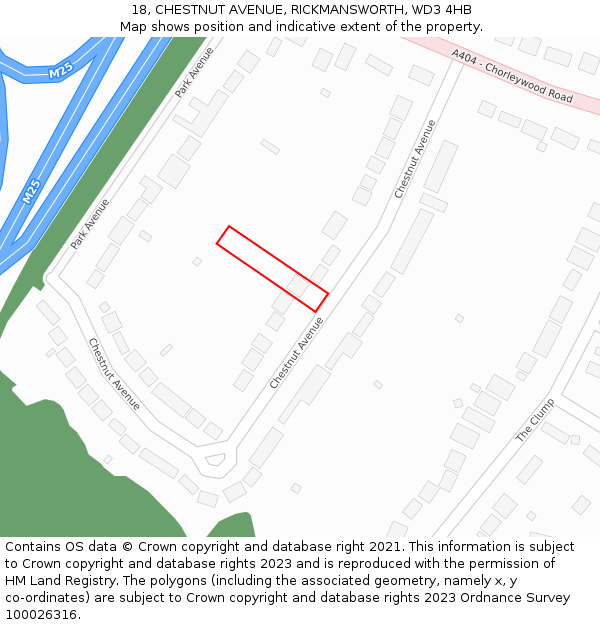 18, CHESTNUT AVENUE, RICKMANSWORTH, WD3 4HB: Location map and indicative extent of plot