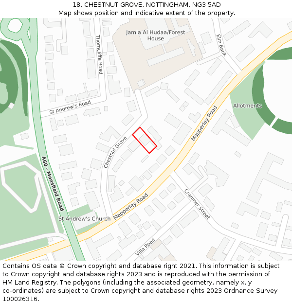 18, CHESTNUT GROVE, NOTTINGHAM, NG3 5AD: Location map and indicative extent of plot