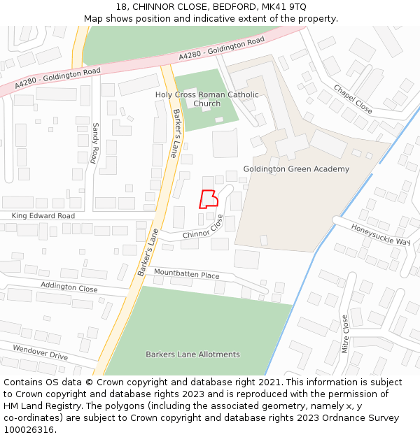 18, CHINNOR CLOSE, BEDFORD, MK41 9TQ: Location map and indicative extent of plot