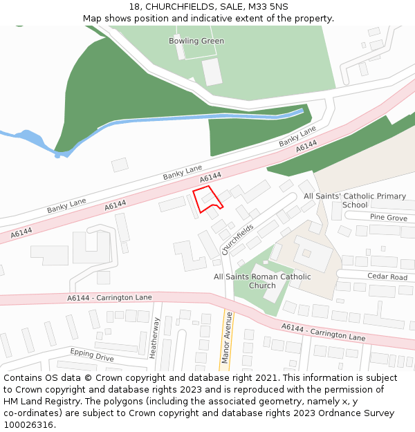 18, CHURCHFIELDS, SALE, M33 5NS: Location map and indicative extent of plot