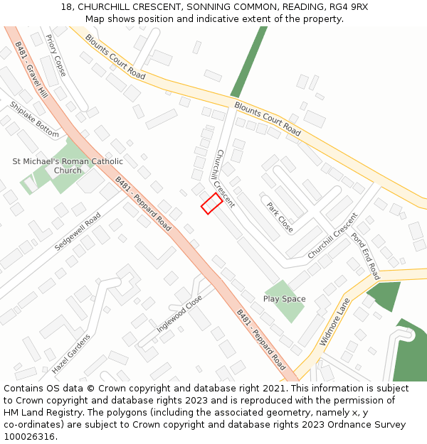 18, CHURCHILL CRESCENT, SONNING COMMON, READING, RG4 9RX: Location map and indicative extent of plot
