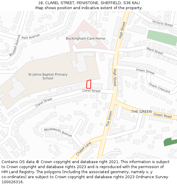 18, CLAREL STREET, PENISTONE, SHEFFIELD, S36 6AU: Location map and indicative extent of plot