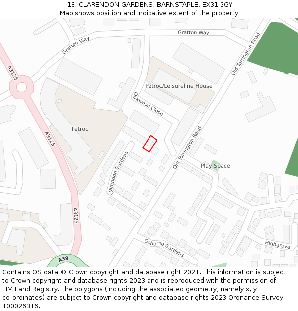 18, CLARENDON GARDENS, BARNSTAPLE, EX31 3GY: Location map and indicative extent of plot
