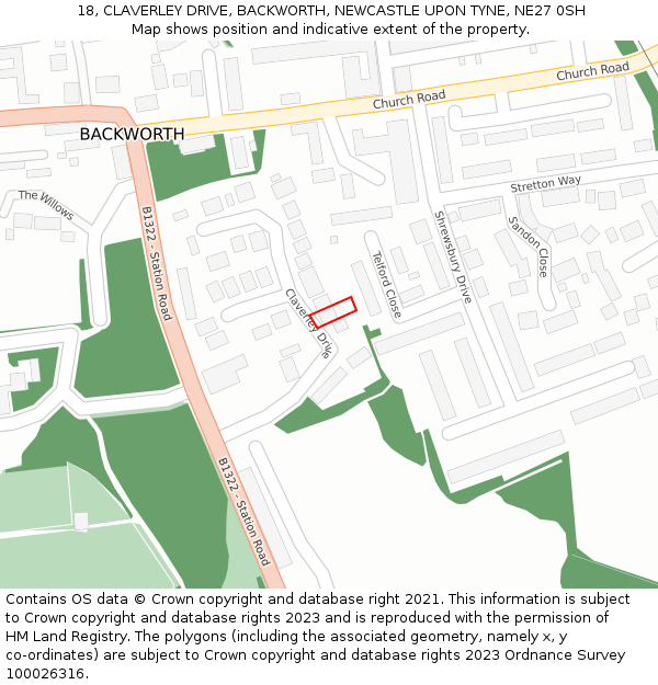 18, CLAVERLEY DRIVE, BACKWORTH, NEWCASTLE UPON TYNE, NE27 0SH: Location map and indicative extent of plot