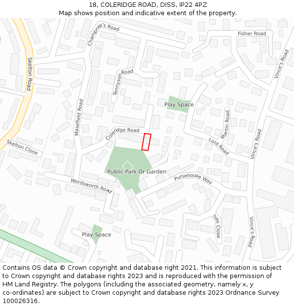 18, COLERIDGE ROAD, DISS, IP22 4PZ: Location map and indicative extent of plot