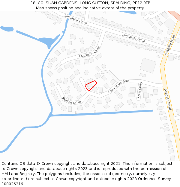 18, COLSUAN GARDENS, LONG SUTTON, SPALDING, PE12 9FR: Location map and indicative extent of plot