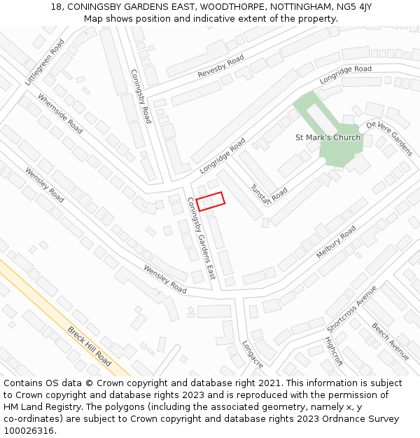 18, CONINGSBY GARDENS EAST, WOODTHORPE, NOTTINGHAM, NG5 4JY: Location map and indicative extent of plot