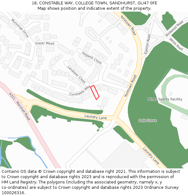 18, CONSTABLE WAY, COLLEGE TOWN, SANDHURST, GU47 0FE: Location map and indicative extent of plot