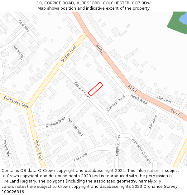 18, COPPICE ROAD, ALRESFORD, COLCHESTER, CO7 8DW: Location map and indicative extent of plot