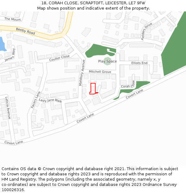 18, CORAH CLOSE, SCRAPTOFT, LEICESTER, LE7 9FW: Location map and indicative extent of plot