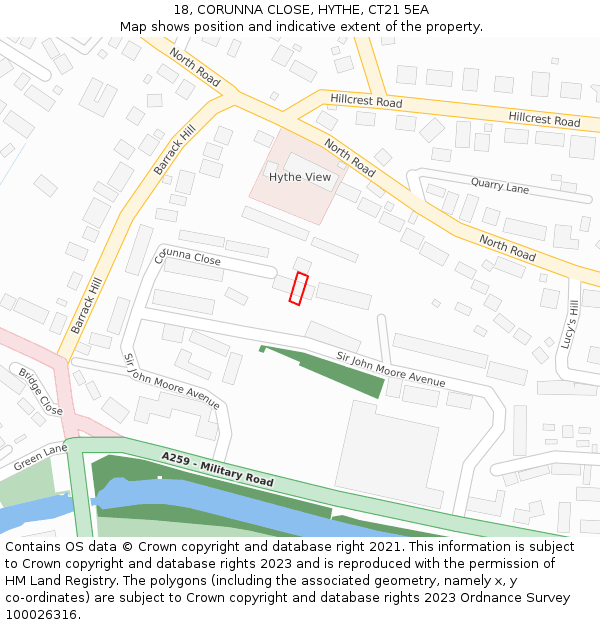 18, CORUNNA CLOSE, HYTHE, CT21 5EA: Location map and indicative extent of plot