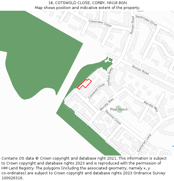 18, COTSWOLD CLOSE, CORBY, NN18 8GN: Location map and indicative extent of plot