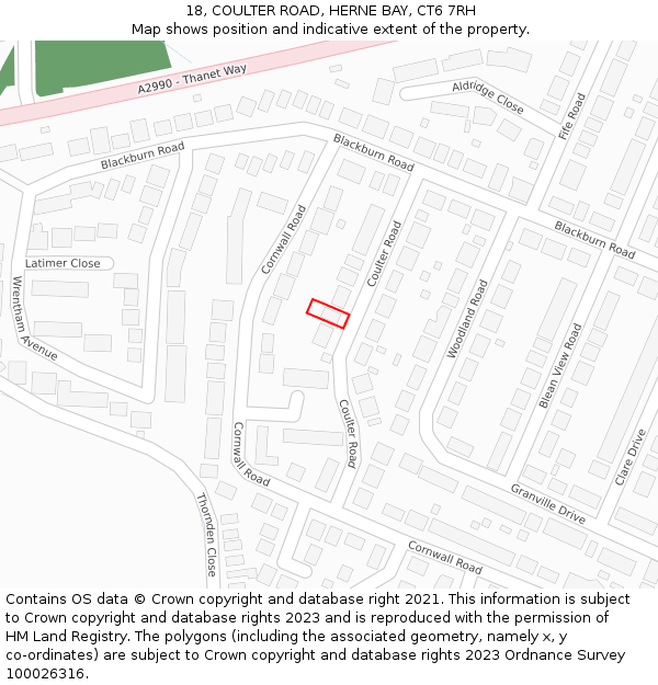 18, COULTER ROAD, HERNE BAY, CT6 7RH: Location map and indicative extent of plot