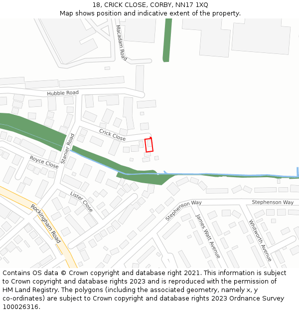 18, CRICK CLOSE, CORBY, NN17 1XQ: Location map and indicative extent of plot