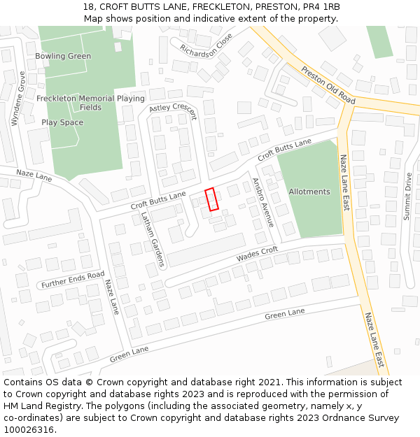 18, CROFT BUTTS LANE, FRECKLETON, PRESTON, PR4 1RB: Location map and indicative extent of plot