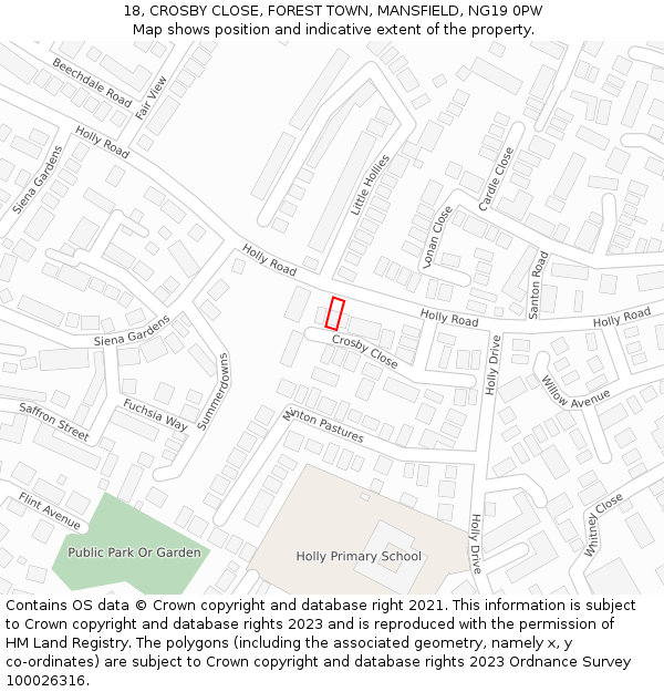 18, CROSBY CLOSE, FOREST TOWN, MANSFIELD, NG19 0PW: Location map and indicative extent of plot