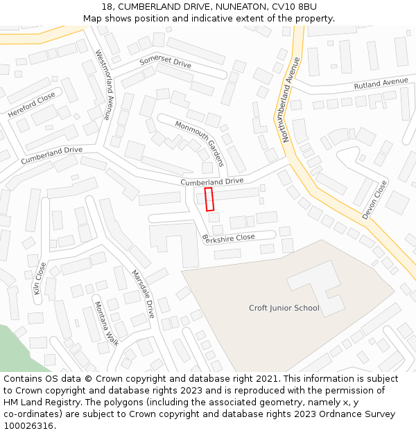 18, CUMBERLAND DRIVE, NUNEATON, CV10 8BU: Location map and indicative extent of plot