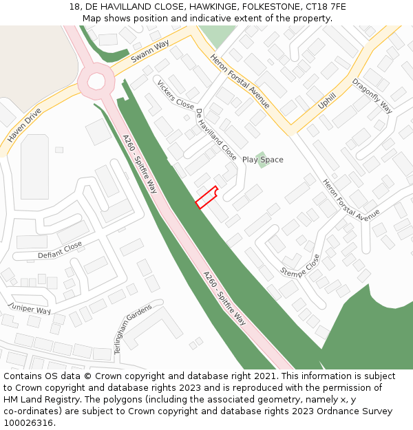 18, DE HAVILLAND CLOSE, HAWKINGE, FOLKESTONE, CT18 7FE: Location map and indicative extent of plot