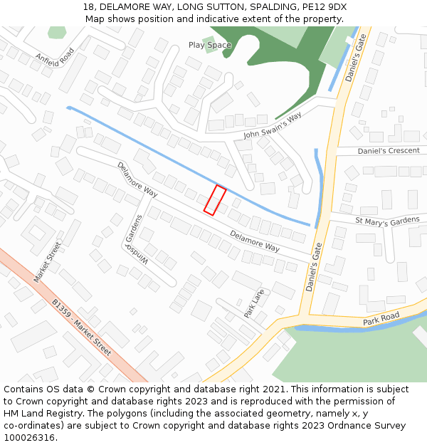 18, DELAMORE WAY, LONG SUTTON, SPALDING, PE12 9DX: Location map and indicative extent of plot
