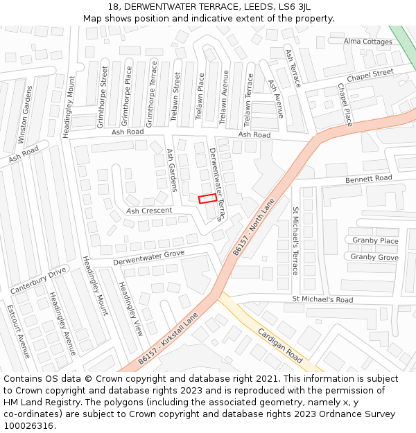 18, DERWENTWATER TERRACE, LEEDS, LS6 3JL: Location map and indicative extent of plot