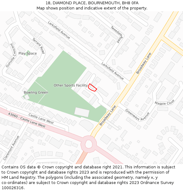 18, DIAMOND PLACE, BOURNEMOUTH, BH8 0FA: Location map and indicative extent of plot