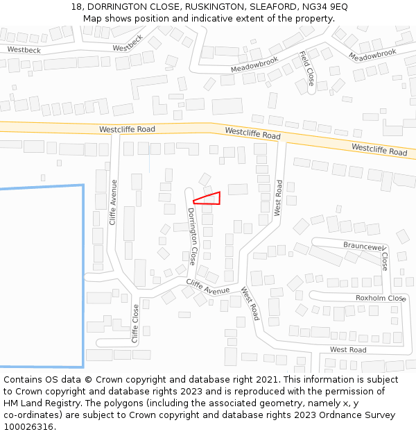 18, DORRINGTON CLOSE, RUSKINGTON, SLEAFORD, NG34 9EQ: Location map and indicative extent of plot