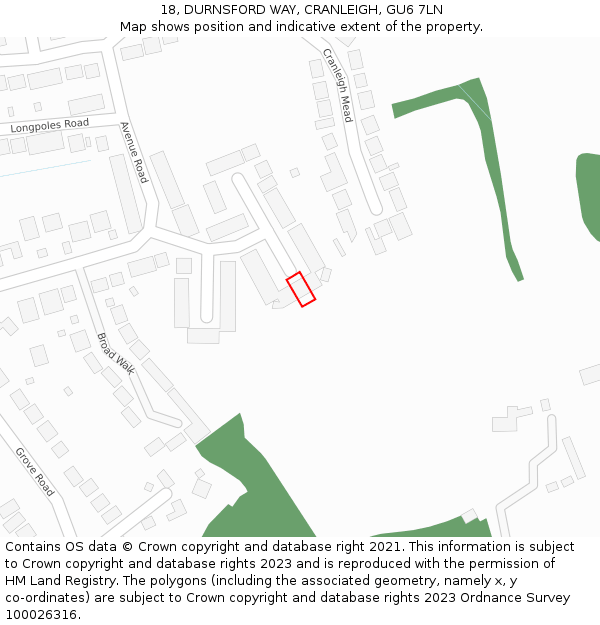 18, DURNSFORD WAY, CRANLEIGH, GU6 7LN: Location map and indicative extent of plot