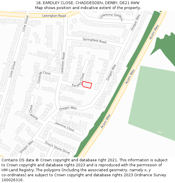 18, EARDLEY CLOSE, CHADDESDEN, DERBY, DE21 6WW: Location map and indicative extent of plot