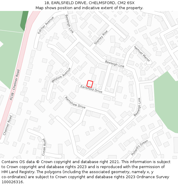 18, EARLSFIELD DRIVE, CHELMSFORD, CM2 6SX: Location map and indicative extent of plot