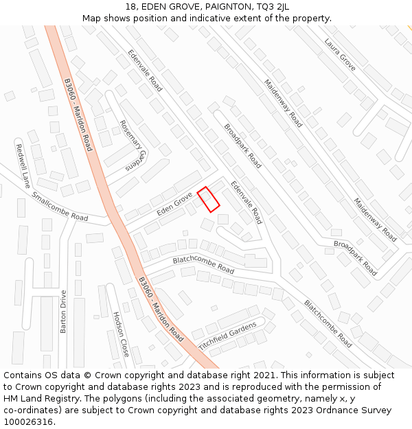 18, EDEN GROVE, PAIGNTON, TQ3 2JL: Location map and indicative extent of plot
