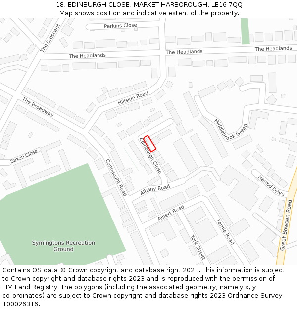 18, EDINBURGH CLOSE, MARKET HARBOROUGH, LE16 7QQ: Location map and indicative extent of plot