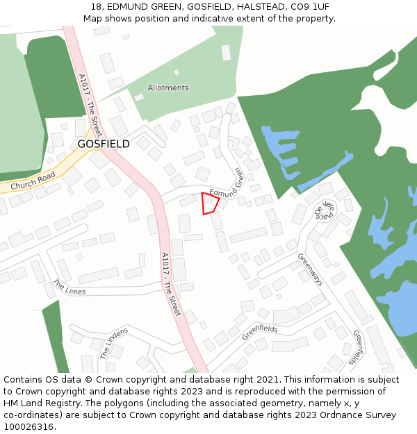 18, EDMUND GREEN, GOSFIELD, HALSTEAD, CO9 1UF: Location map and indicative extent of plot