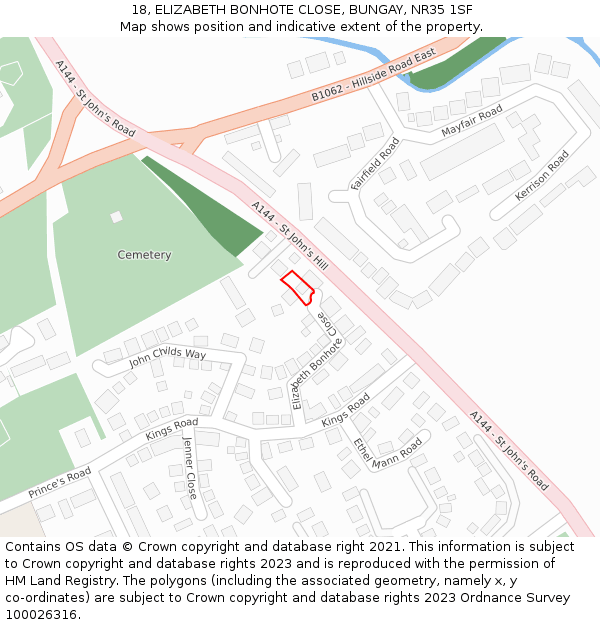18, ELIZABETH BONHOTE CLOSE, BUNGAY, NR35 1SF: Location map and indicative extent of plot