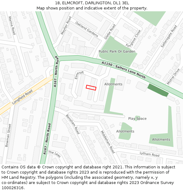 18, ELMCROFT, DARLINGTON, DL1 3EL: Location map and indicative extent of plot